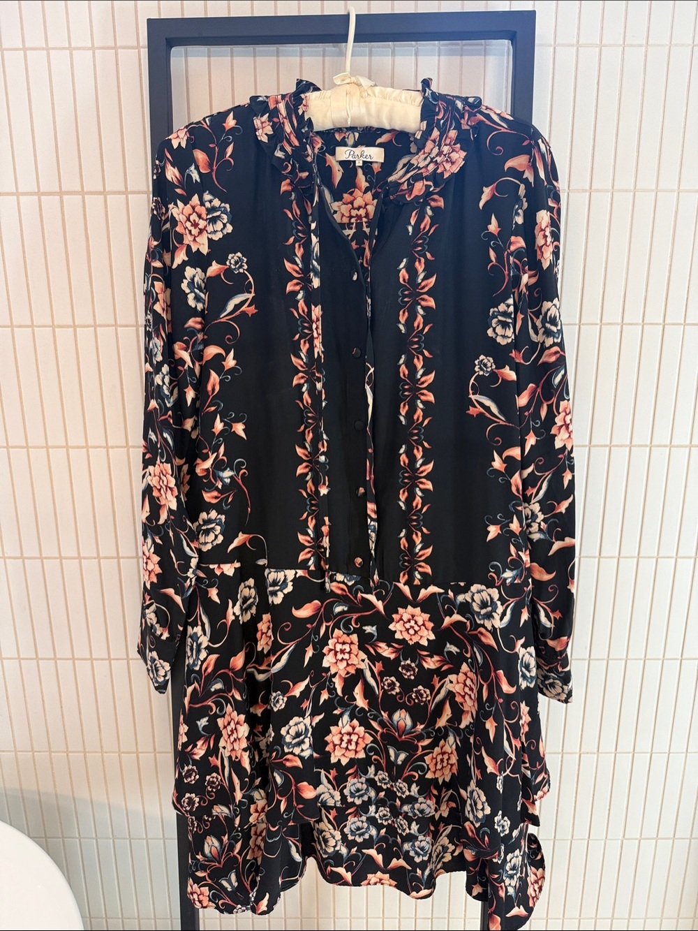 Parker Black Long-Sleeve Floral Tie-Neck Dress